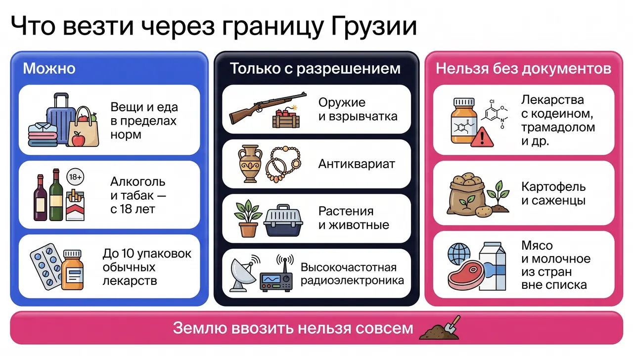 Схема: что можно провезти в Грузию без документов, что только с разрешением и что нельзя без документов — лекарства, оружие, антиквариат, растения; отдельно — земля, её нельзя совсем