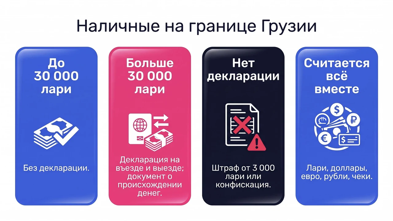 Схема: наличные на границе Грузии — до 30 000 лари без декларации, больше 30 000 лари — декларация и документ о происхождении денег, без декларации — штраф или конфискация