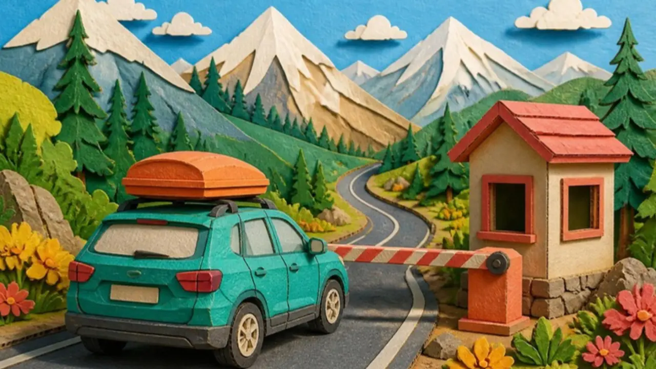 Layered paper-cut illustration of a car with a roof box waiting at a mountain border crossing barrier