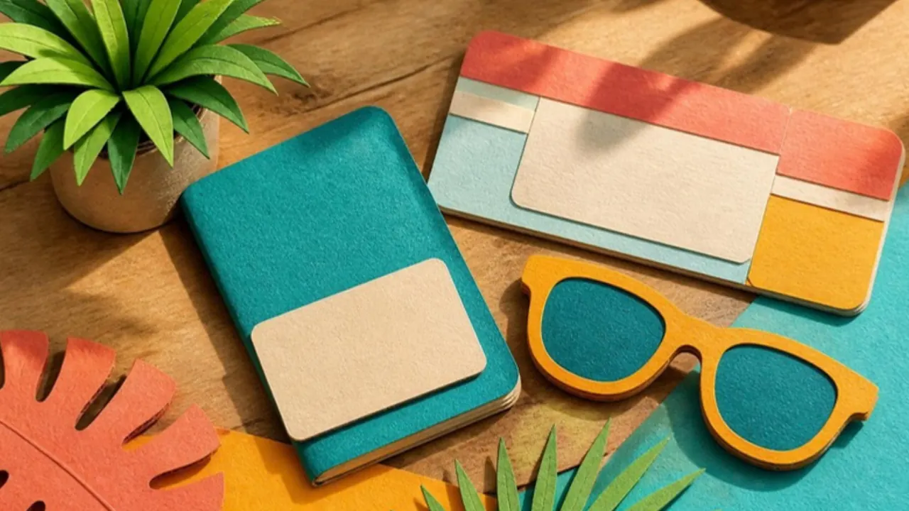 Layered paper-cut illustration of a passport and a boarding pass next to sunglasses and a potted plant