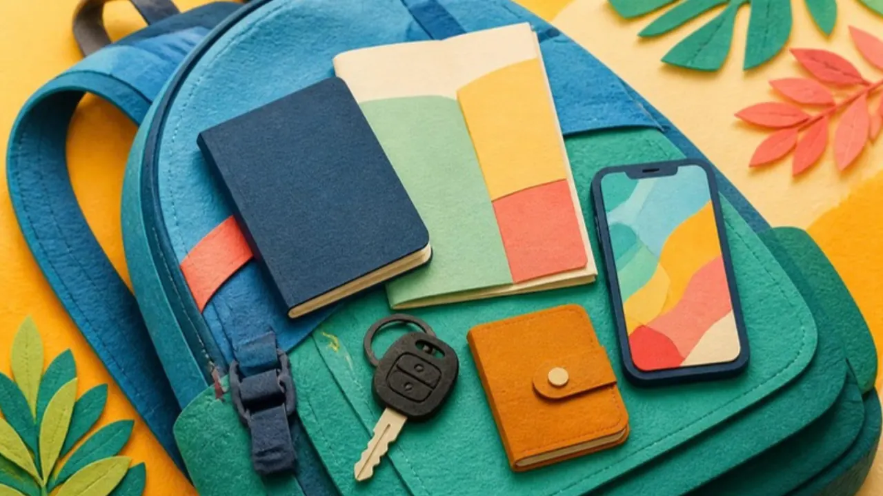Layered paper-cut illustration of travel documents, a phone and car keys laid out on a backpack before a trip