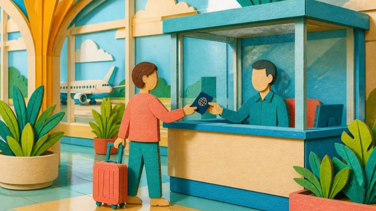 Layered paper-cut illustration of an airport arrival hall where a traveller hands a passport to a border officer at a booth