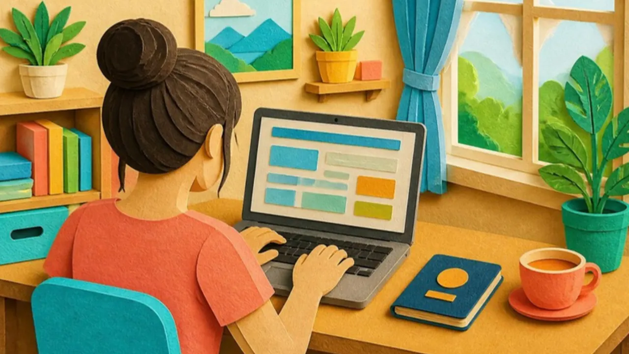 Layered paper-cut illustration of a traveller filling in an online visa form on a laptop, with a passport and a cup of tea on the desk