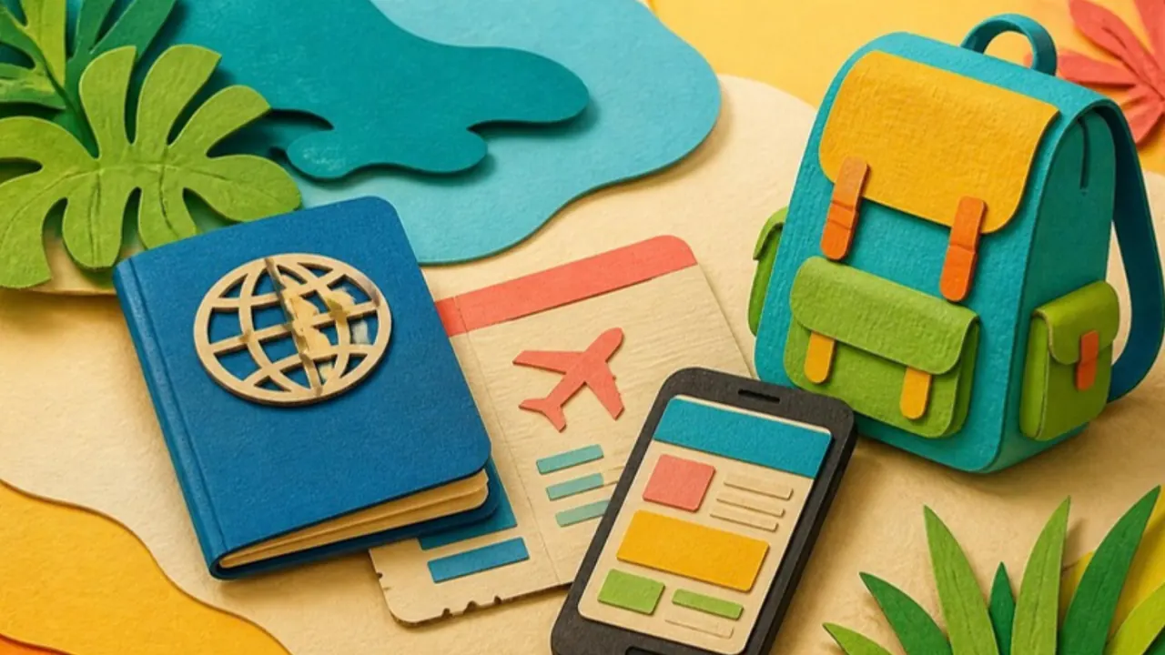 Layered paper-cut illustration of a passport, a printed ticket and a phone showing an insurance policy next to a travel backpack