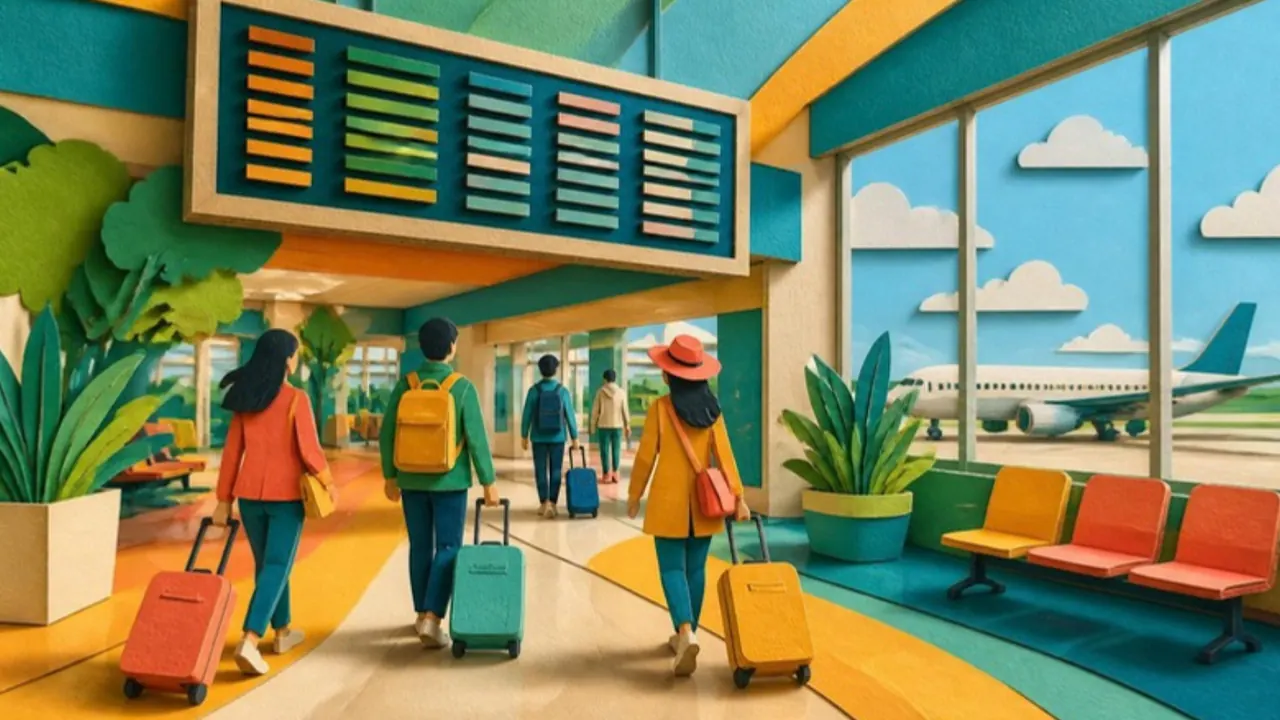 Layered paper-cut illustration of an airport transit hall with travellers walking to their gates under a departures board