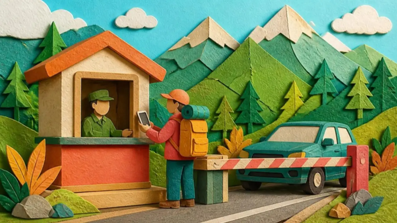 Layered paper-cut illustration of a mountain border crossing where a traveller shows a phone to an officer in a booth