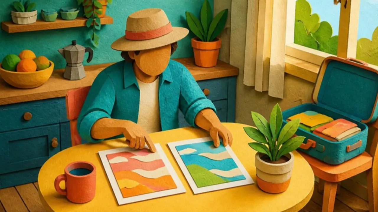 Layered paper-cut illustration of a traveller at a kitchen table comparing two sheets of paper with coloured patterns beside a suitcase