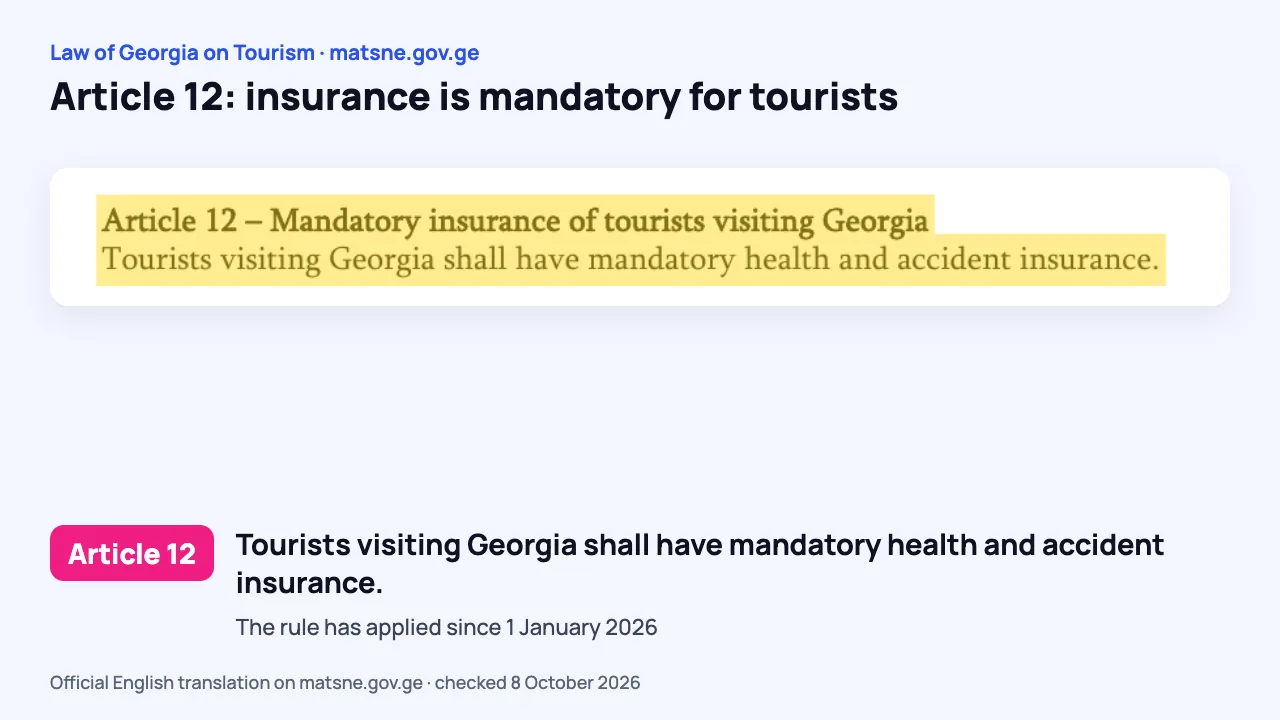 Screenshot of the Law of Georgia on Tourism on matsne.gov.ge with Article 12 on mandatory insurance for tourists highlighted