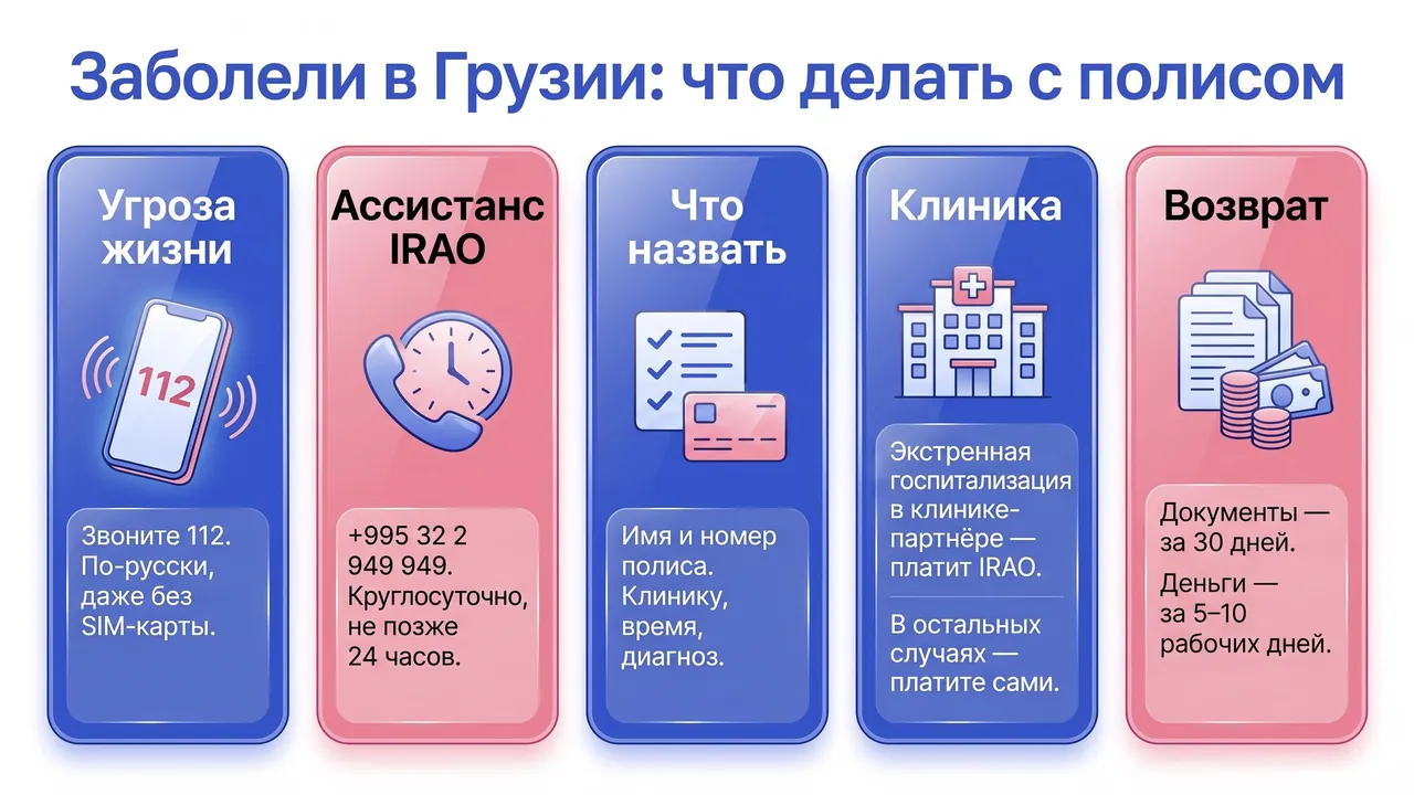 Схема: что делать при страховом случае — 112 при угрозе жизни, звонок в ассистанс IRAO не позже 24 часов, гарантийное письмо при экстренной госпитализации в клинике-партнёре или оплата и возврат за 30 дней