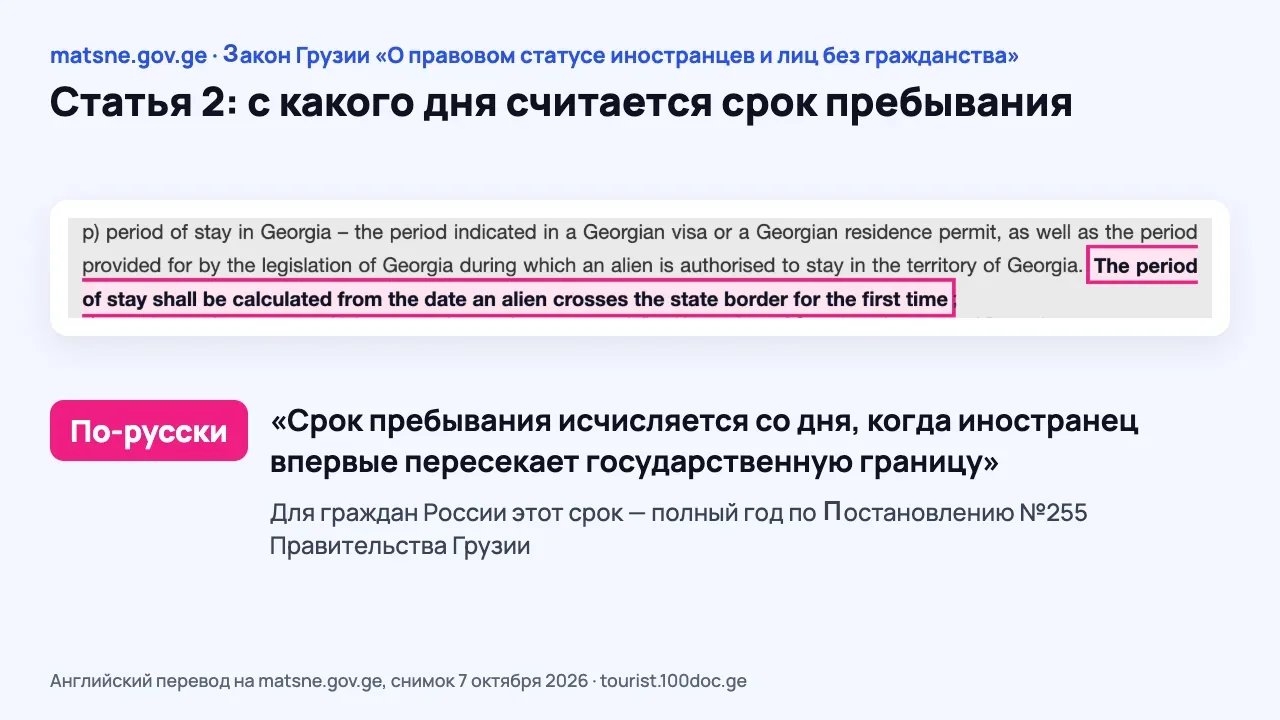 Снимок Закона Грузии об иностранцах на matsne.gov.ge: в статье 2 выделена фраза о том, что срок пребывания считается со дня первого пересечения границы