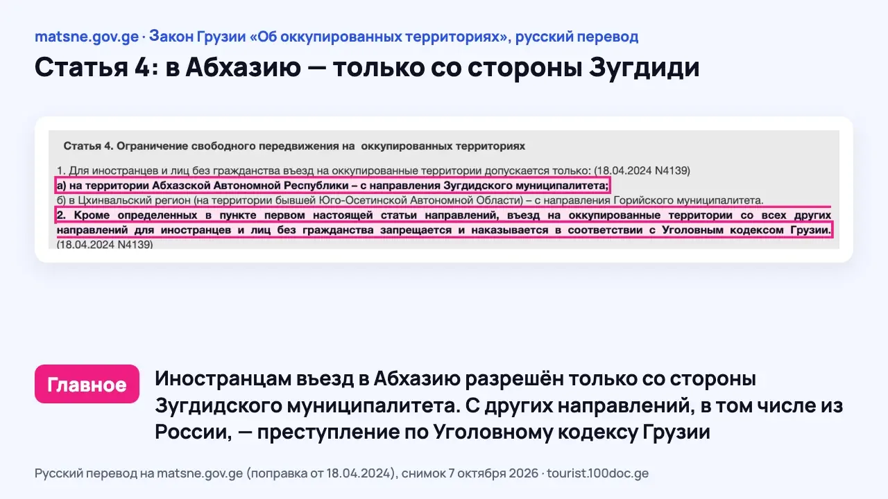 Снимок статьи 4 Закона Грузии «Об оккупированных территориях» на matsne.gov.ge: выделены пункт 1 «а» о въезде со стороны Зугдидского муниципалитета и пункт 2 о запрете других направлений