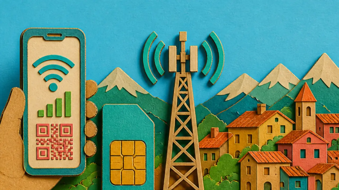 Иллюстрация из многослойного картона: рука держит телефон со знаком Wi-Fi, шкалой сигнала и QR-кодом, рядом сим-карта с чипом и вышка связи, позади горы и крыши старого города