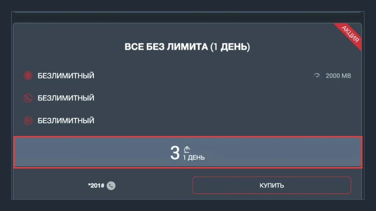 Снимок страницы тарифов Magti: карточка «Все без лимита (1 день)», 2000 МБ, цена 3 лари за сутки выделена красной рамкой